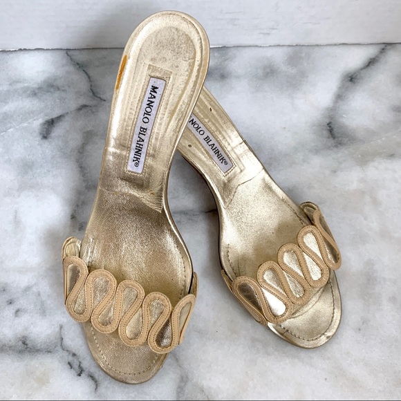 Manolo Blahnik Shoes - Manolo Blahnik Gold Kitten Heel Mules Size 39